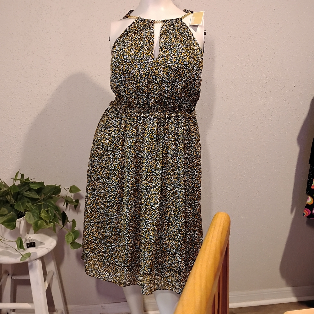 New! Michael Kors Black and Yellow Spring Floral Dress